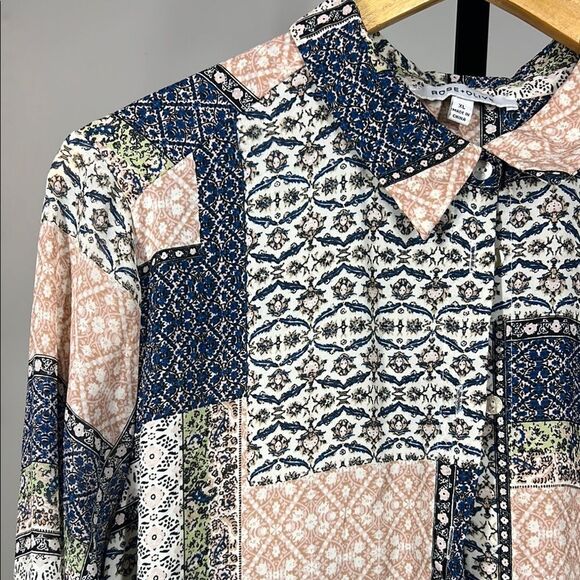 Rose & Olive Blue and Cream Button Down Shirt Patchwork Design - Picture 3 of 6